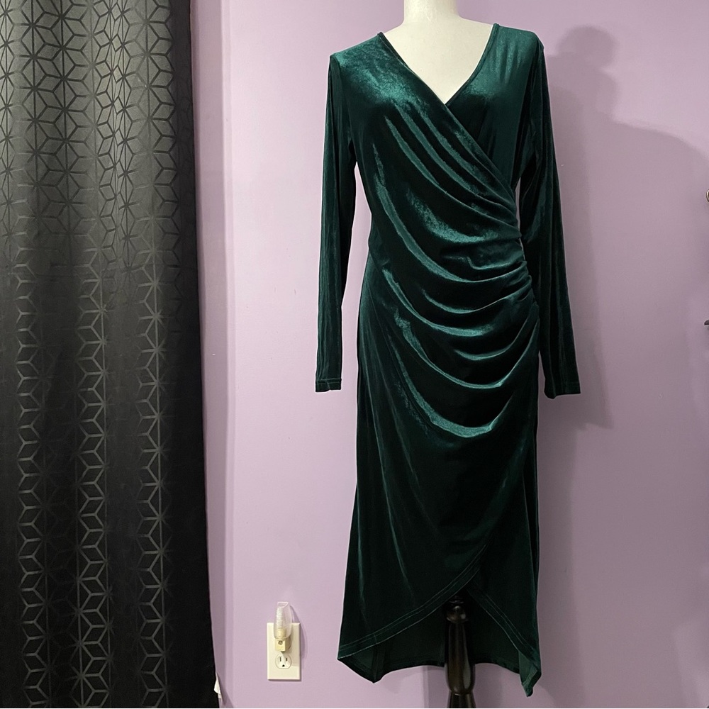 SHEIN Deep Green Velvet Long Sleeve Faux Wrap and Ruched Dress Size XL